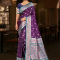 Royal Purple Banarasi Silk Saree with Zari Work Teal Contrast Border 