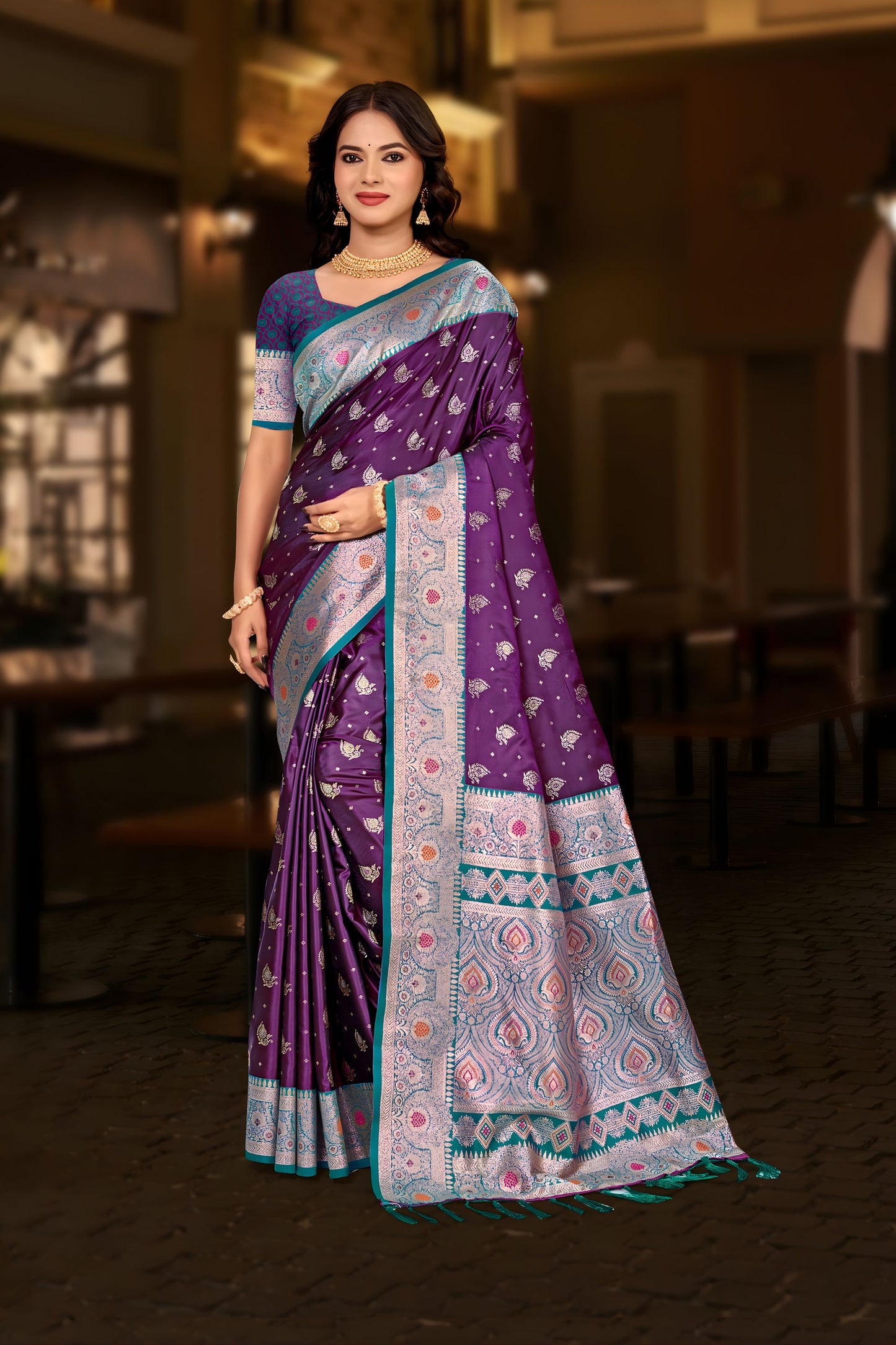 Royal Purple Banarasi Silk Saree with Zari Work Teal Contrast Border 