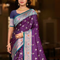 Royal Purple Banarasi Silk Saree with Zari Work Teal Contrast Border