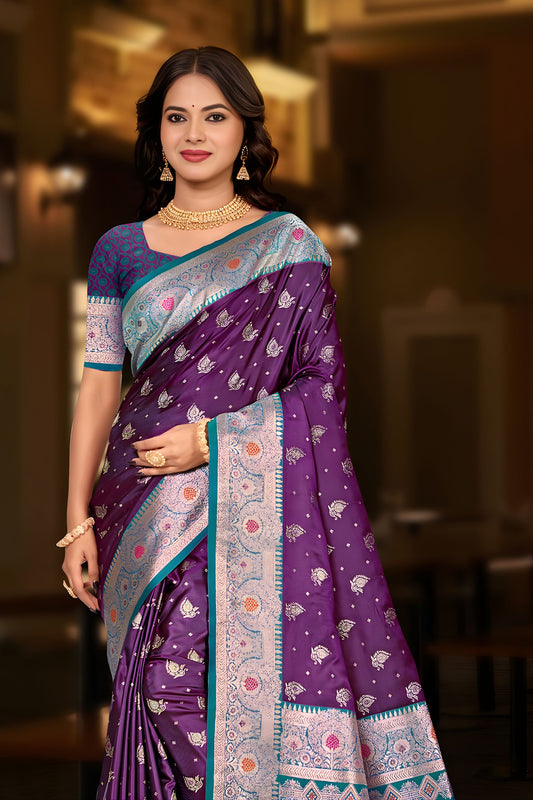 Royal Purple Banarasi Silk Saree with Zari Work Teal Contrast Border