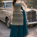 Fancy Rama Green Georgette Embroidered Party Wear Sharara Suit with Dupatta for Women