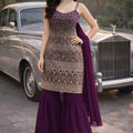 Superb Wine Georgette Embroidered Party Wear Sharara Suit with Dupatta for Women