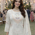 Elegant Off White Georgette Embroidered Palazzo Set with Dupatta for Women