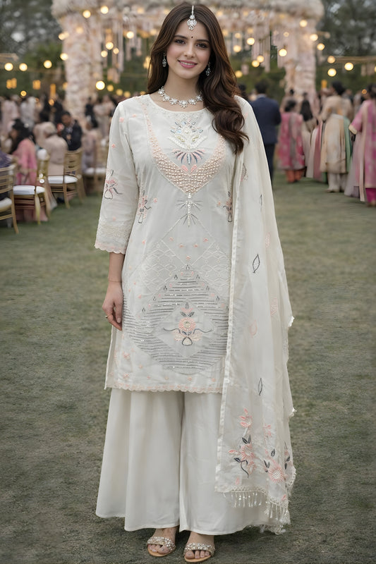 Elegant Off White Georgette Embroidered Palazzo Set with Dupatta for Women