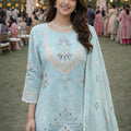 Superb Sky Blue Georgette Embroidered Palazzo Set with Dupatta for Women