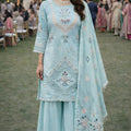 Superb Sky Blue Georgette Embroidered Palazzo Set with Dupatta for Women