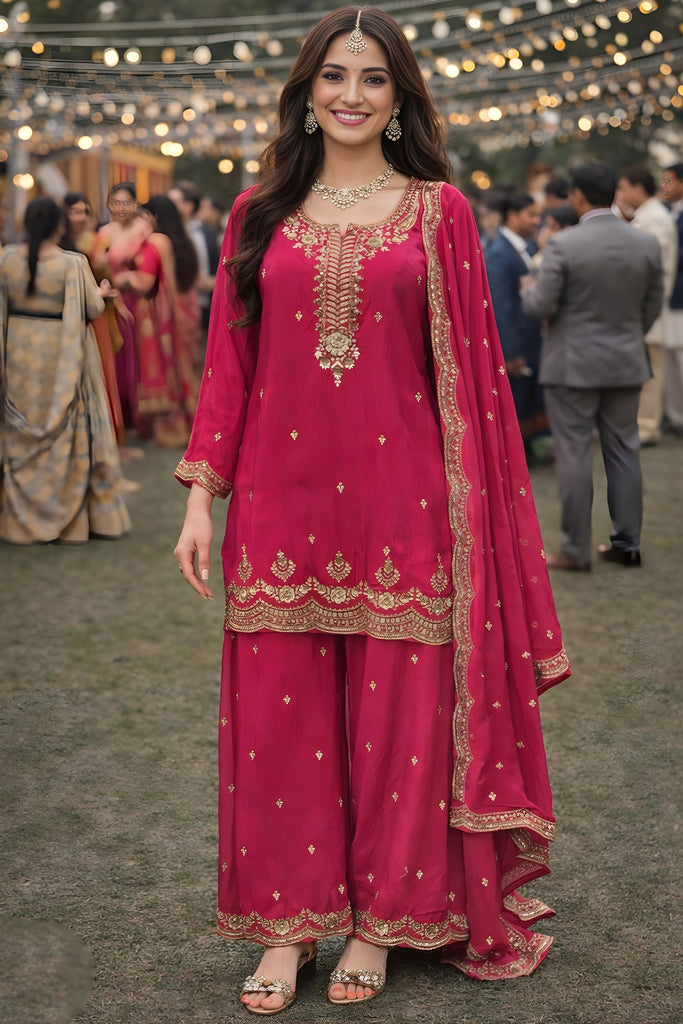 Beautiful Rani Pink Viscose Embroidered Palazzo Set with Dupatta for Women
