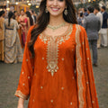 Vibrant Orange Viscose Embroidered Palazzo Set with Dupatta for Women
