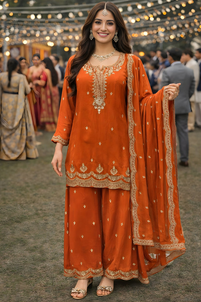 Vibrant Orange Viscose Embroidered Palazzo Set with Dupatta for Women