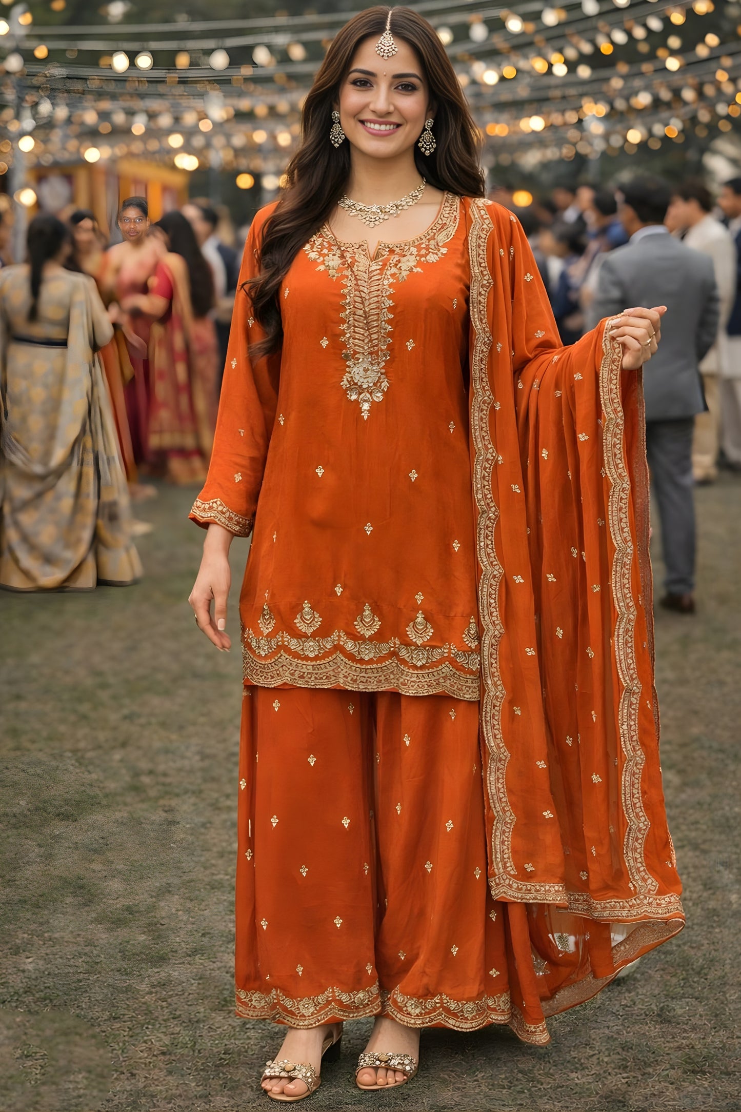 Vibrant Orange Viscose Embroidered Palazzo Set with Dupatta for Women