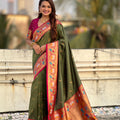 Olive Green Paithani Silk Saree Contrast Pink Blouse Peacock Zari Border