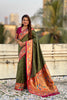 Olive Green Paithani Silk Saree Contrast Pink Blouse Peacock Zari Border