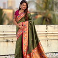 Olive Green Paithani Silk Saree Contrast Pink Blouse Peacock Zari Border