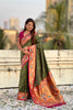 Olive Green Paithani Silk Saree Contrast Pink Blouse Peacock Zari Border