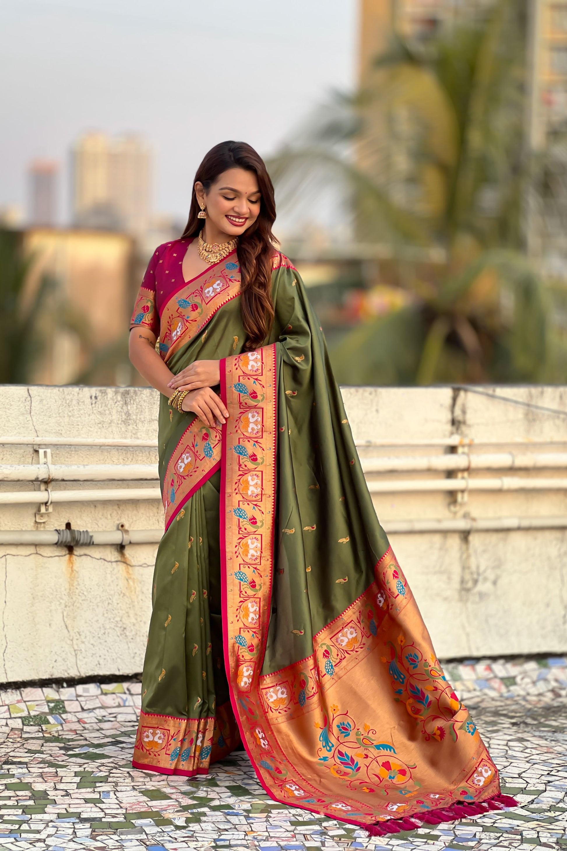 Olive Green Paithani Silk Saree Contrast Pink Blouse Peacock Zari Border