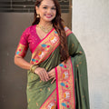 Olive Green Paithani Silk Saree Contrast Pink Blouse Peacock Zari Border