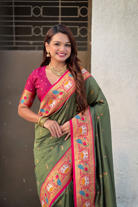Olive Green Paithani Silk Saree Contrast Pink Blouse Peacock Zari Border