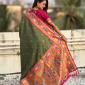Olive Green Paithani Silk Saree Contrast Pink Blouse Peacock Zari Border