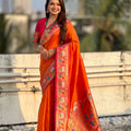 Orange Paithani Silk Saree with Contrast Pink Border Peacock Zari Pallu