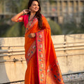 Orange Paithani Silk Saree with Contrast Pink Border Peacock Zari Pallu
