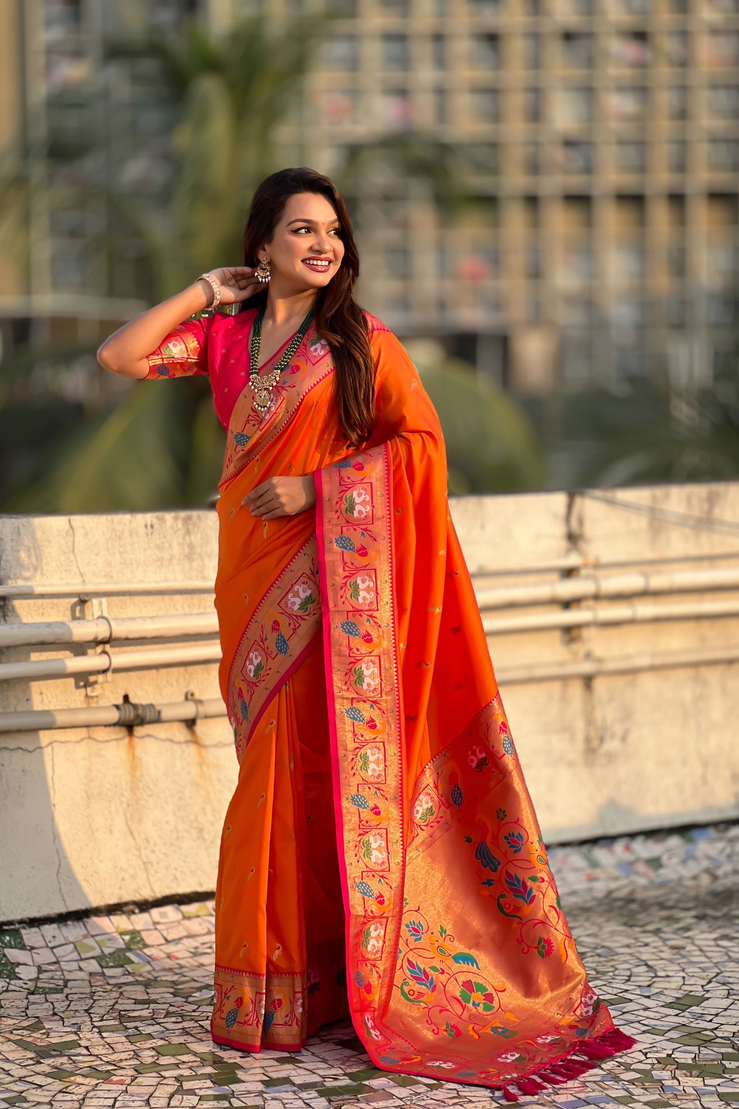 Orange Paithani Silk Saree with Contrast Pink Border Peacock Zari Pallu