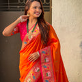 Orange Paithani Silk Saree with Contrast Pink Border Peacock Zari Pallu