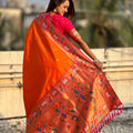 Orange Paithani Silk Saree with Contrast Pink Border Peacock Zari Pallu