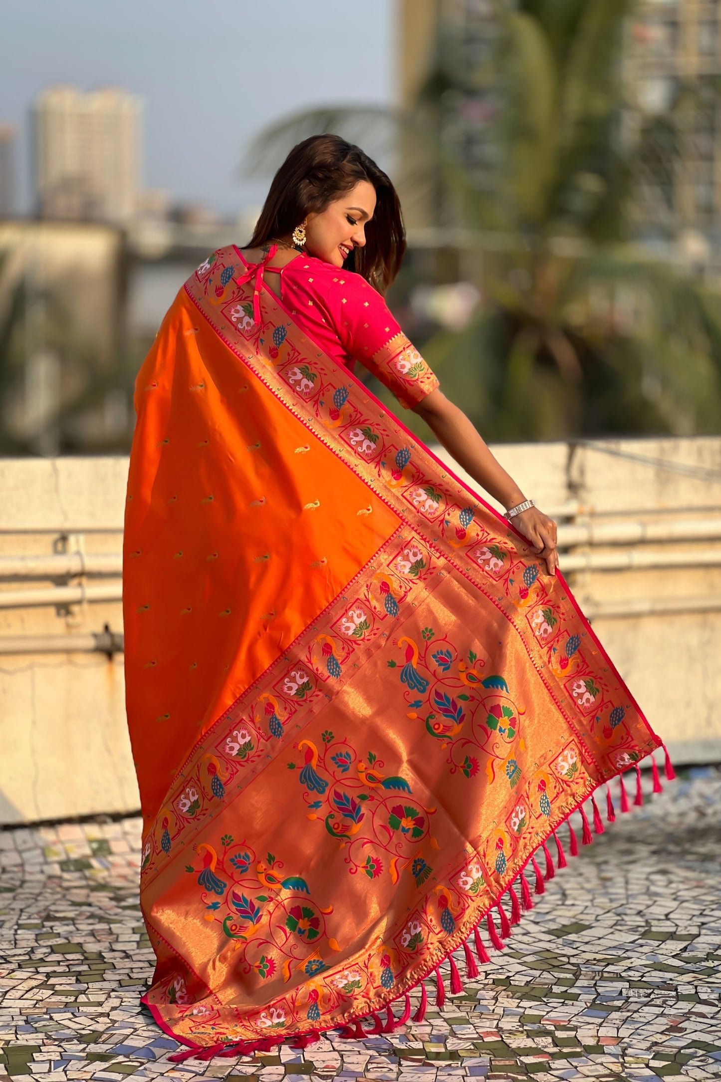 Orange Paithani Silk Saree with Contrast Pink Border Peacock Zari Pallu