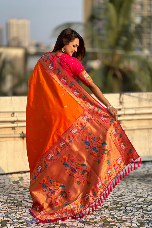 Orange Paithani Silk Saree with Contrast Pink Border Peacock Zari Pallu
