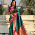 Teal Green Paithani Silk Saree Contrast Pink Border Peacock Zari Pallu