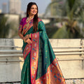 Teal Green Paithani Silk Saree Contrast Pink Border Peacock Zari Pallu