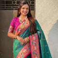 Teal Green Paithani Silk Saree Contrast Pink Border Peacock Zari Pallu