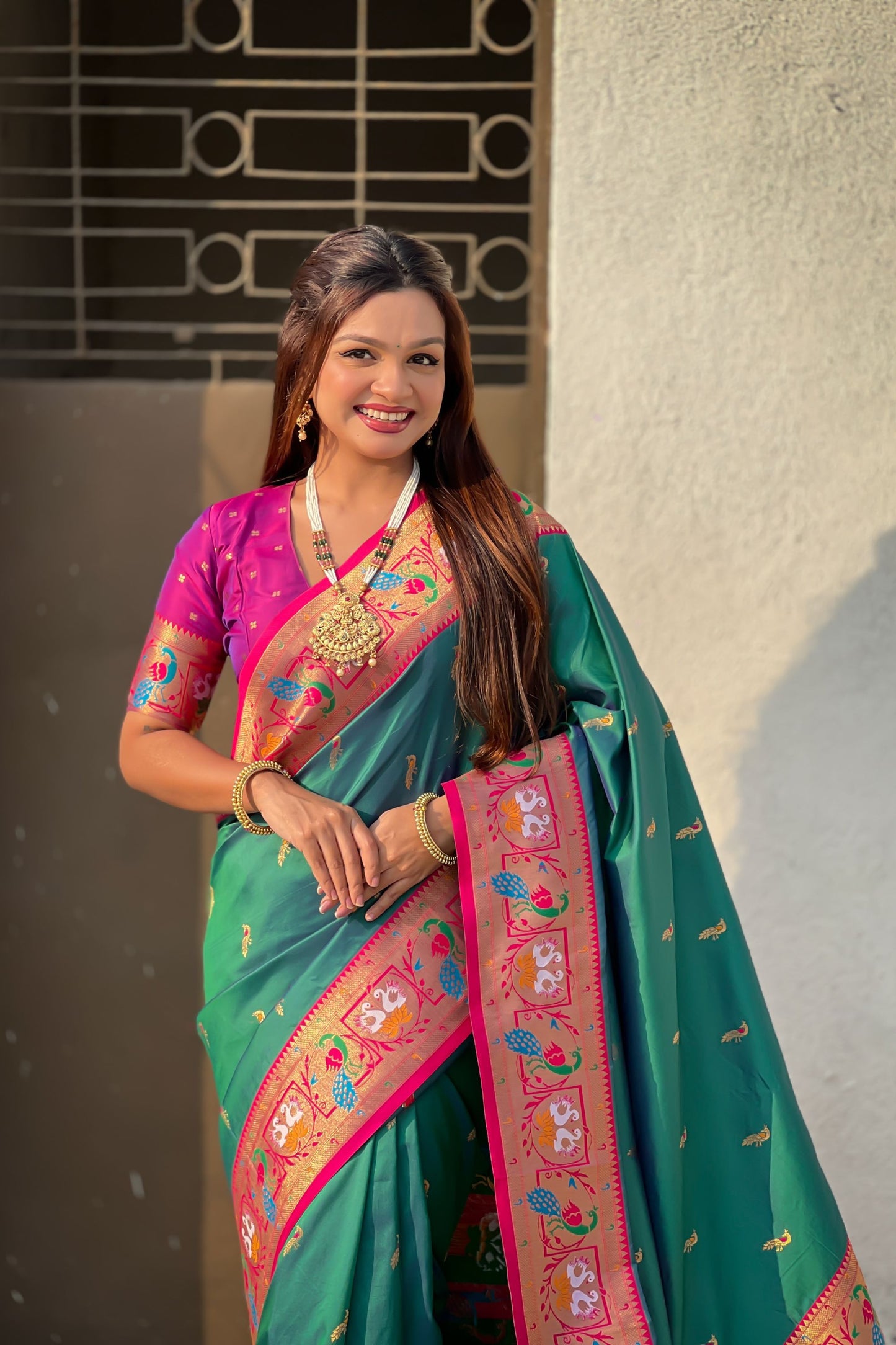 Teal Green Paithani Silk Saree Contrast Pink Border Peacock Zari Pallu