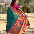 Teal Green Paithani Silk Saree Contrast Pink Border Peacock Zari Pallu