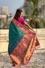 Teal Green Paithani Silk Saree Contrast Pink Border Peacock Zari Pallu