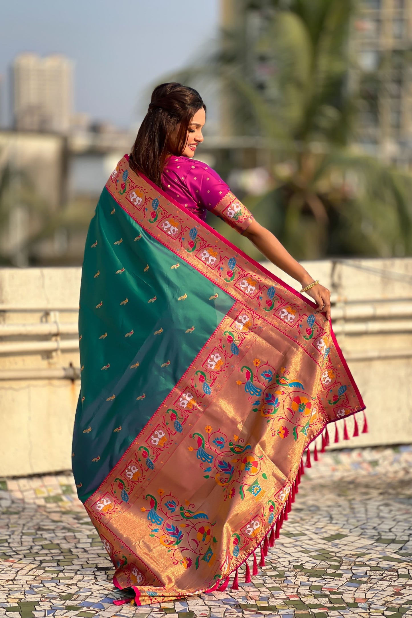 Teal Green Paithani Silk Saree Contrast Pink Border Peacock Zari Pallu