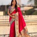 Rani Pink Paithani Silk Saree Teal Border Peacock Zari Pallu