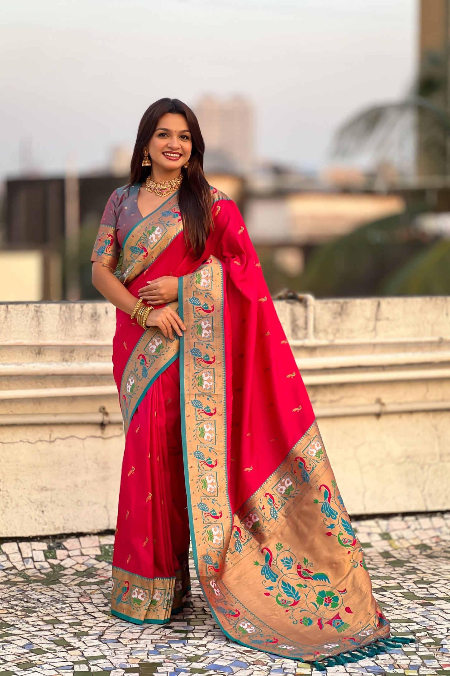 Rani Pink Paithani Silk Saree Teal Border Peacock Zari Pallu