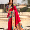 Rani Pink Paithani Silk Saree Teal Border Peacock Zari Pallu