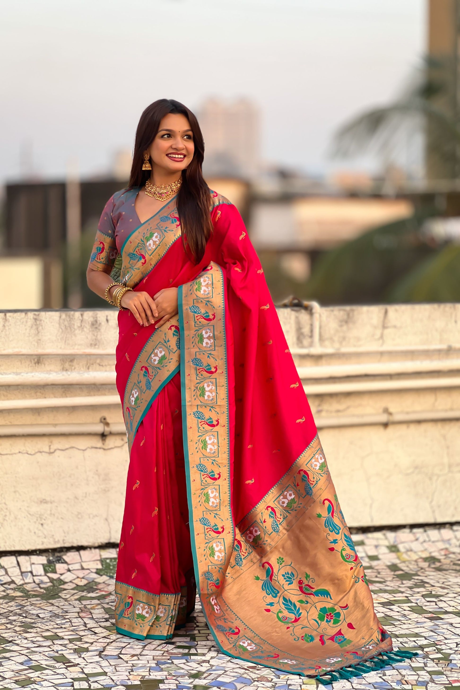 Rani Pink Paithani Silk Saree Teal Border Peacock Zari Pallu