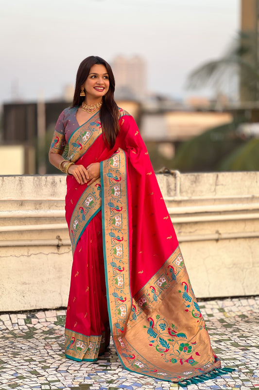 Rani Pink Paithani Silk Saree Teal Border Peacock Zari Pallu