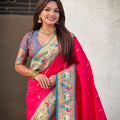 Rani Pink Paithani Silk Saree Teal Border Peacock Zari Pallu