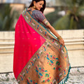 Rani Pink Paithani Silk Saree Teal Border Peacock Zari Pallu