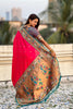 Rani Pink Paithani Silk Saree Teal Border Peacock Zari Pallu