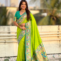 Lime Green Paithani Silk Saree Peacock Floral Woven Border