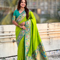 Lime Green Paithani Silk Saree Peacock Floral Woven Border