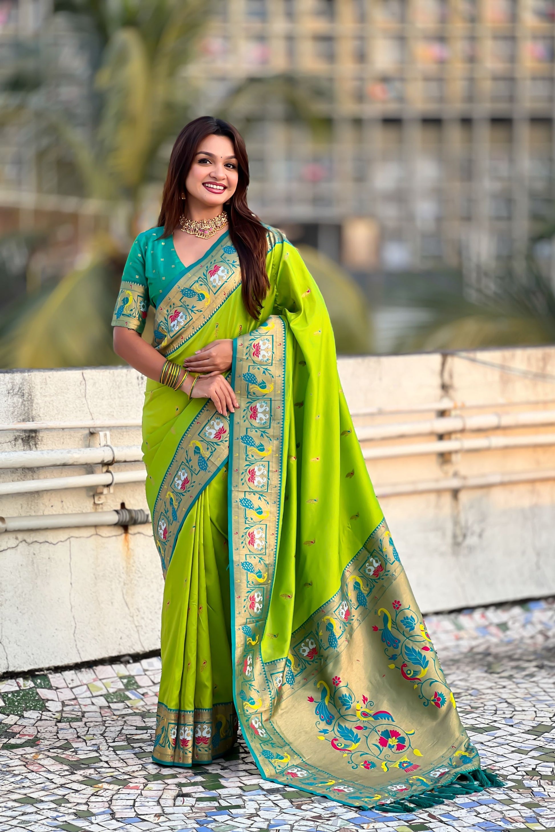 Lime Green Paithani Silk Saree Peacock Floral Woven Border