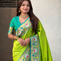 Lime Green Paithani Silk Saree Peacock Floral Woven Border