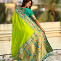 Lime Green Paithani Silk Saree Peacock Floral Woven Border