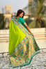Lime Green Paithani Silk Saree Peacock Floral Woven Border